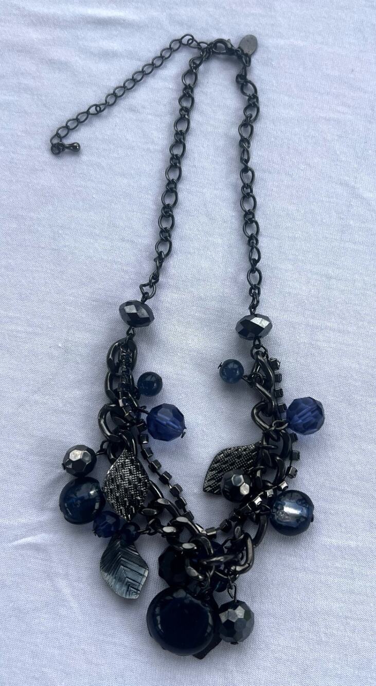 Cookie Lee NECKLACE Black Chain w/Dark Blue/Shiny Black Beads Blue Rhinestones